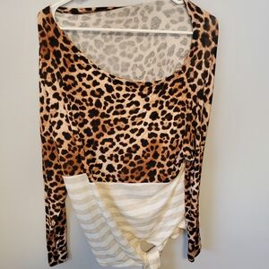 White Birch Leopard and Striped Long Sleeve Top With Tie- Size Large- EUC